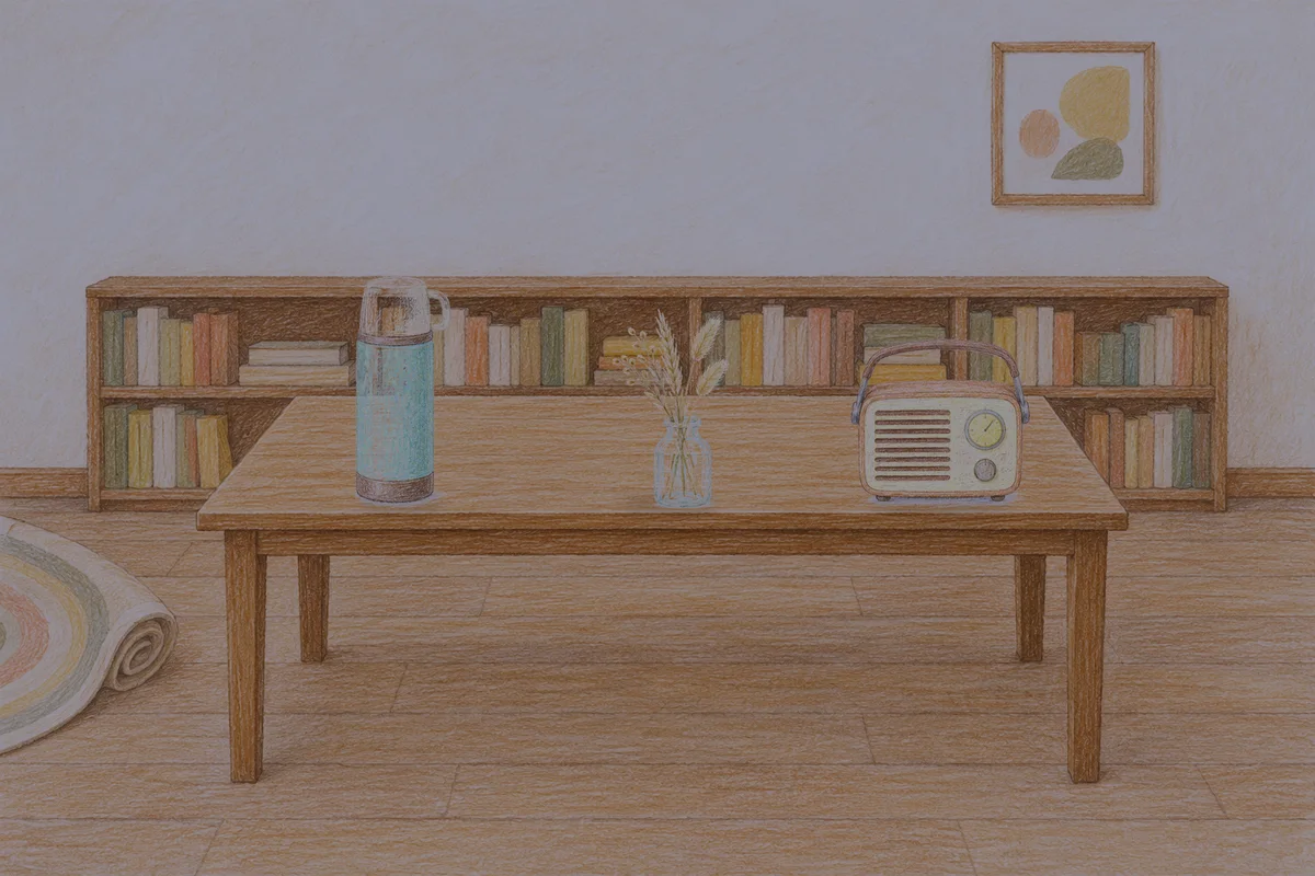 도선동 여성전용 후기 마사지 안내 그림, 밤의 서재 긴 책상 위에 놓인 보온병, 마른 풀을 꽂은 항아리, 작은 라디오