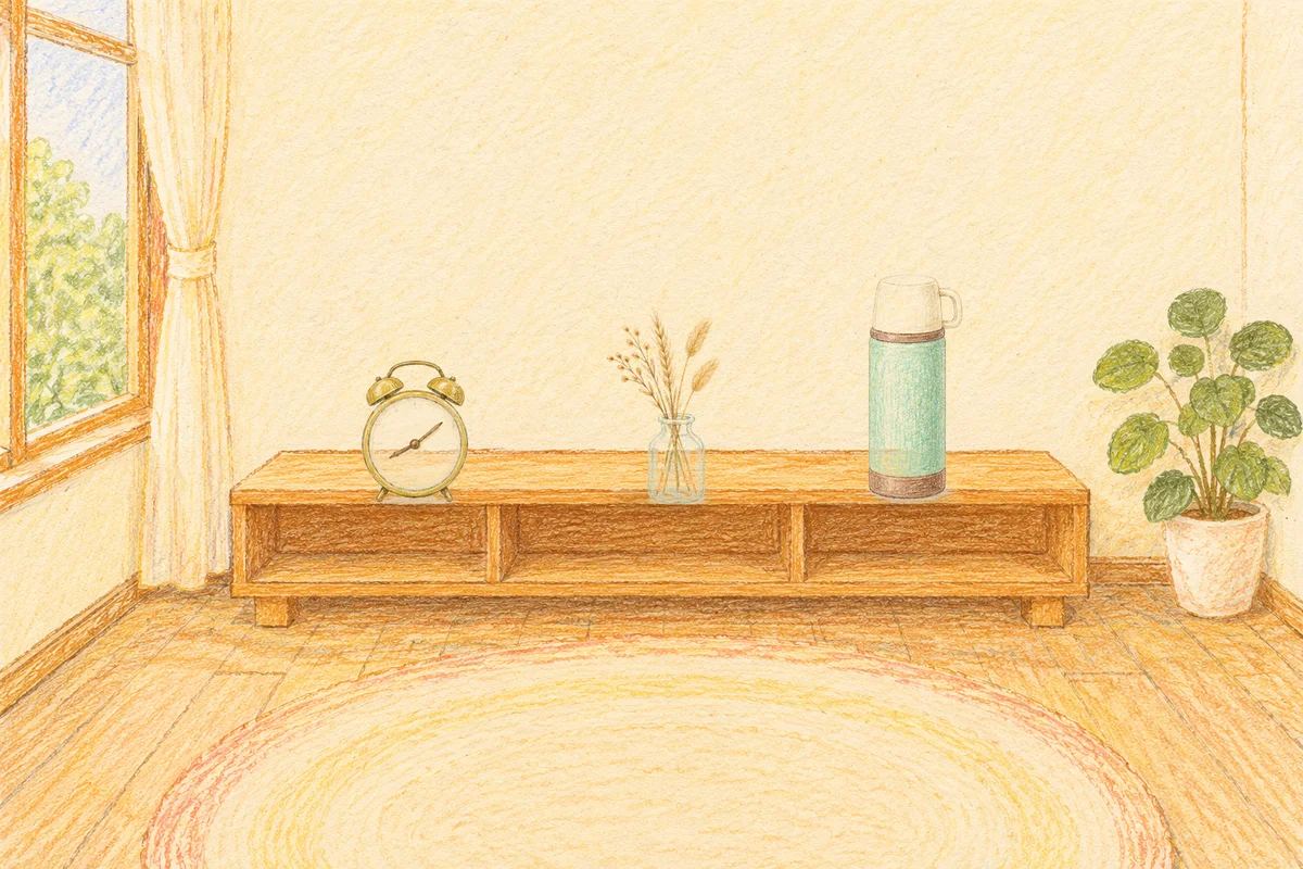 도선동 여성전용 가격 마사지 안내 그림, 낮의 창가 낮은 선반 위에 놓인 둥근 알람시계, 마른 풀을 꽂은 항아리, 보온병