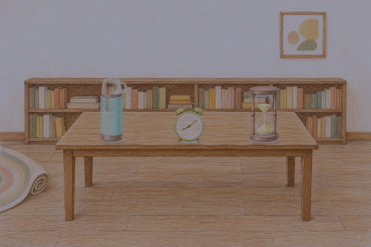 도선동 여성전용 추천 마사지 안내 그림, 밤의 서재 긴 책상 위에 놓인 보온병, 둥근 알람시계, 모래시계