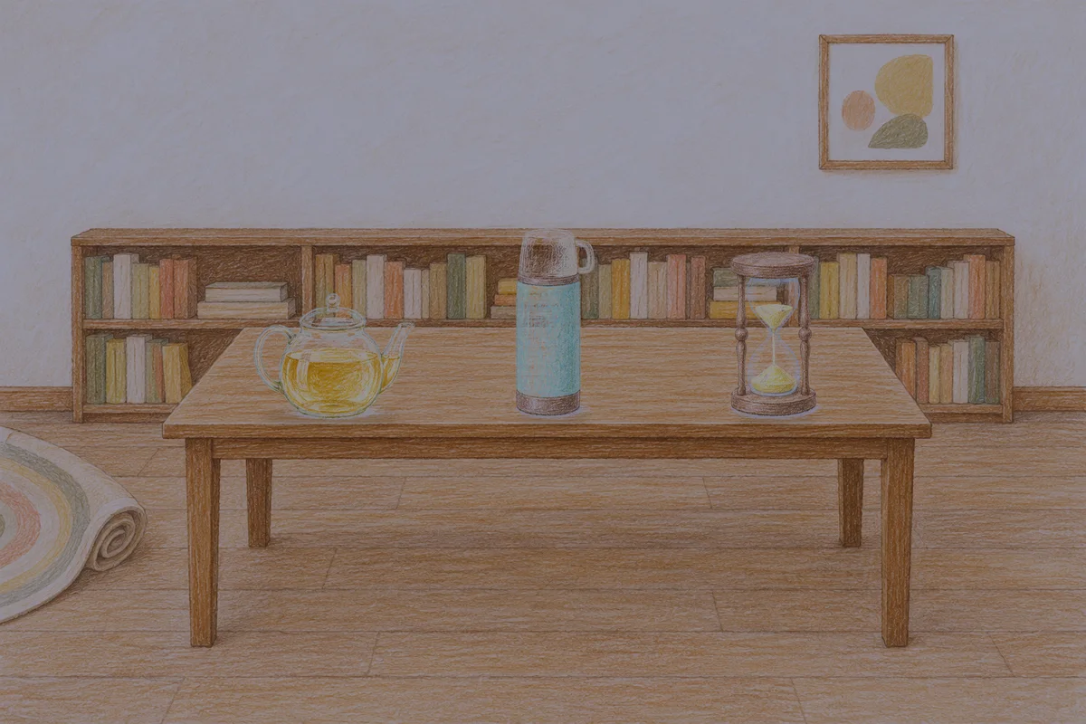 홍익동 여성전용 아로마 가격 안내 그림, 밤의 서재 긴 책상 위에 놓인 유리 티포트, 보온병, 모래시계