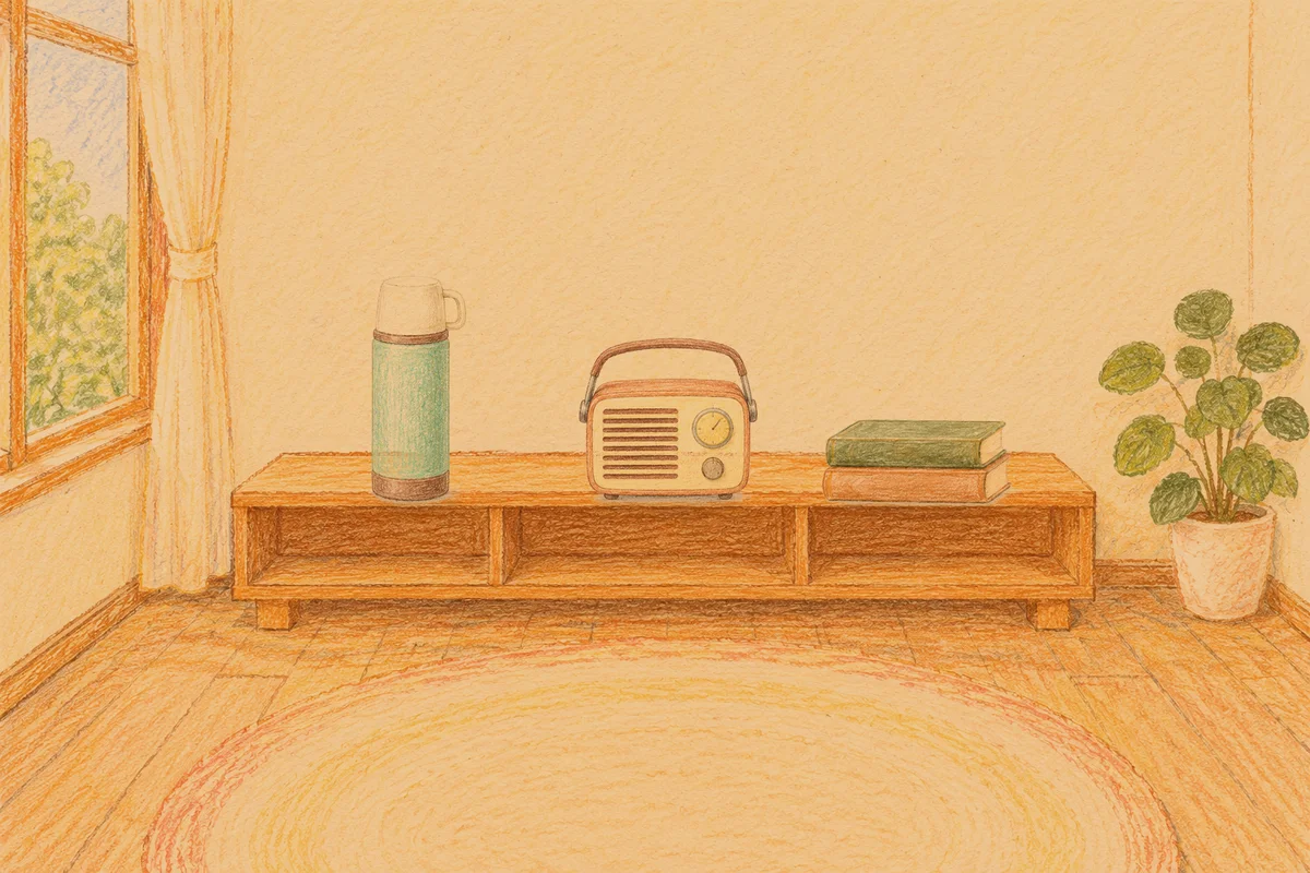 홍익동 여성전용 아로마 추천 안내 그림, 저녁의 창가 낮은 선반 위에 놓인 보온병, 작은 라디오, 책 두 권