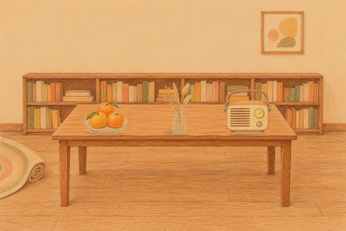 홍익동 여성전용 경락 케어 안내 그림, 저녁의 서재 긴 책상 위에 놓인 귤이 담긴 접시, 마른 풀을 꽂은 항아리, 작은 라디오