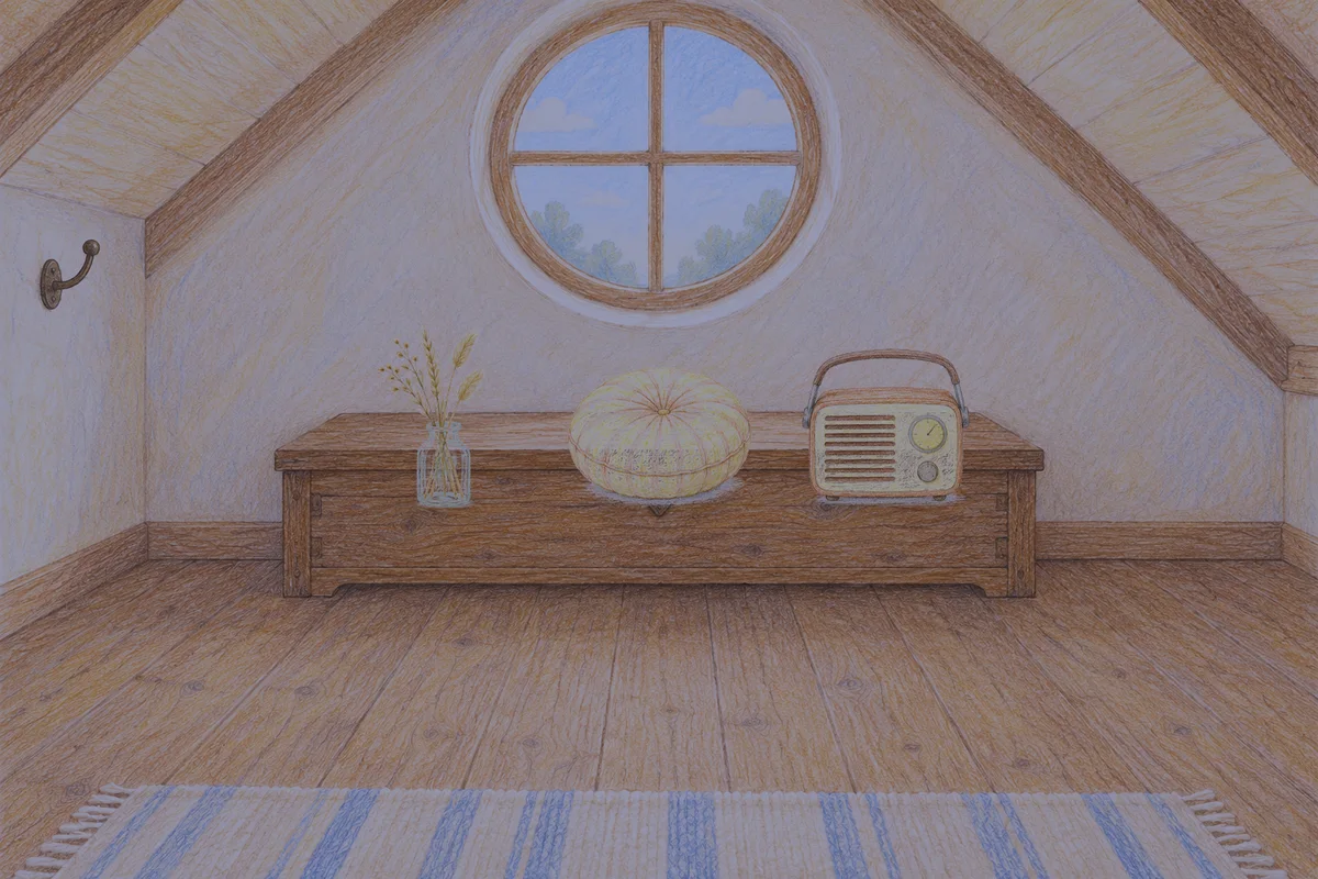 홍익동 여성전용 홈케어 안내 그림, 밤의 다락방 나무 궤짝 위에 놓인 마른 풀을 꽂은 항아리, 둥근 쿠션, 작은 라디오
