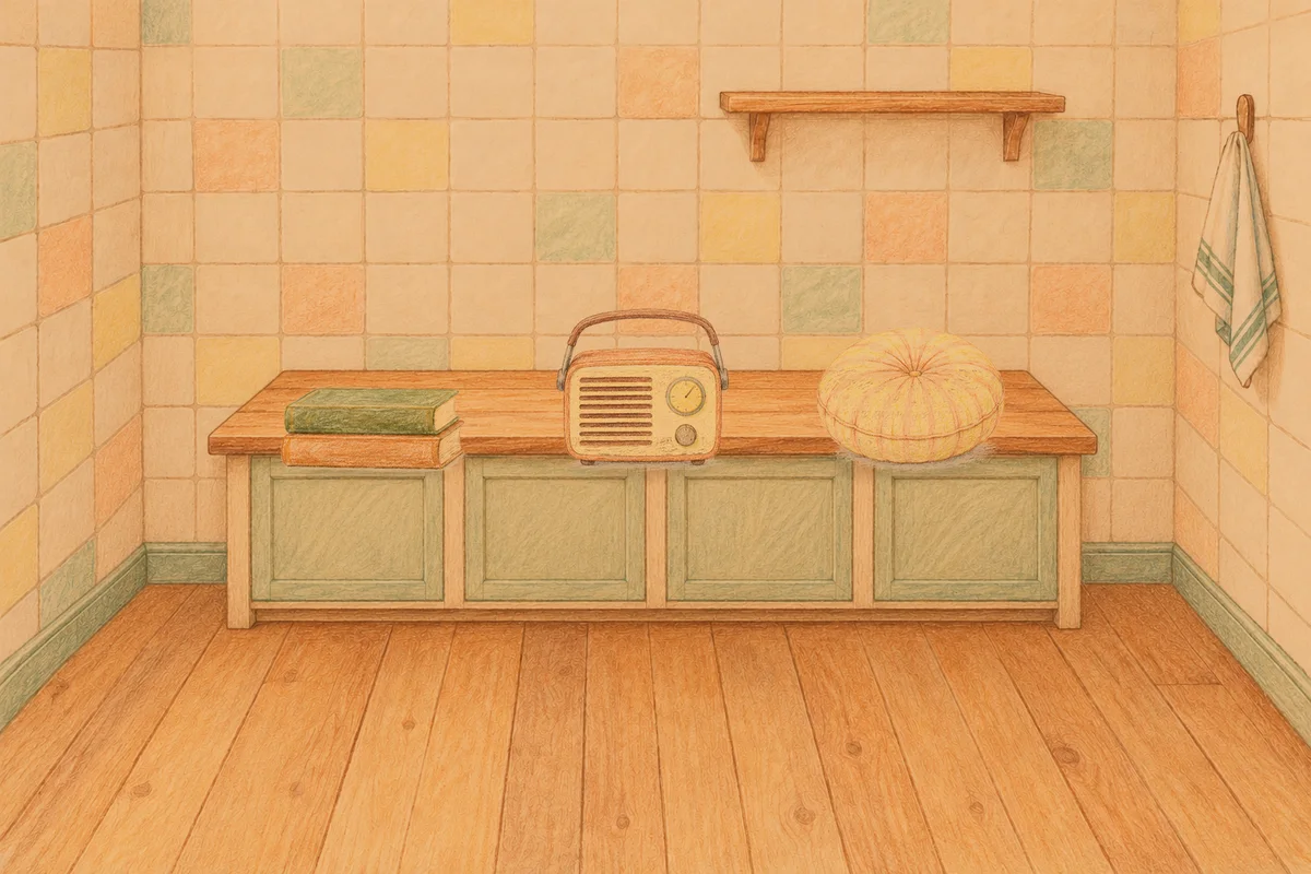 홍익동 여성전용 방문 마사지 안내 그림, 저녁의 부엌 나무 조리대 위에 놓인 책 두 권, 작은 라디오, 둥근 쿠션