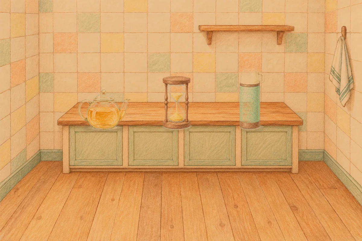 홍익동 여성전용 홈케어 추천 안내 그림, 저녁의 부엌 나무 조리대 위에 놓인 유리 티포트, 모래시계, 보온병