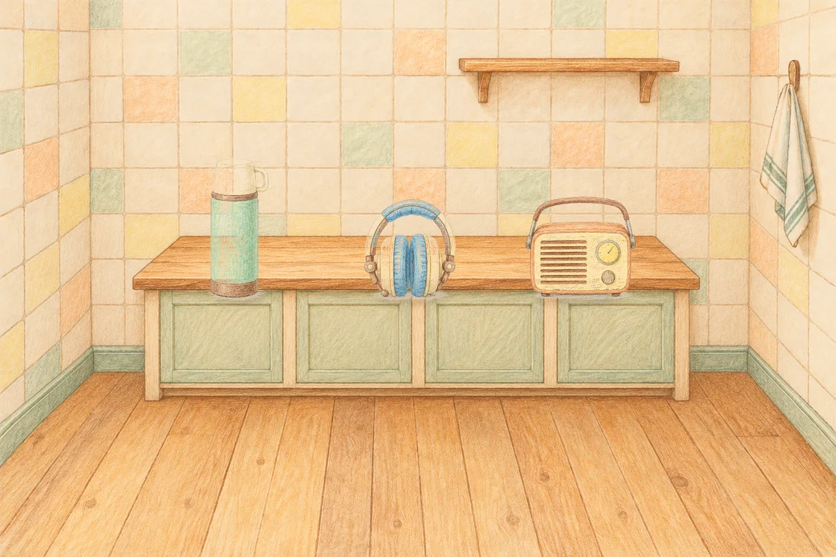 홍익동 여성전용 발관리 안내 그림, 낮의 부엌 나무 조리대 위에 놓인 보온병, 헤드폰, 작은 라디오