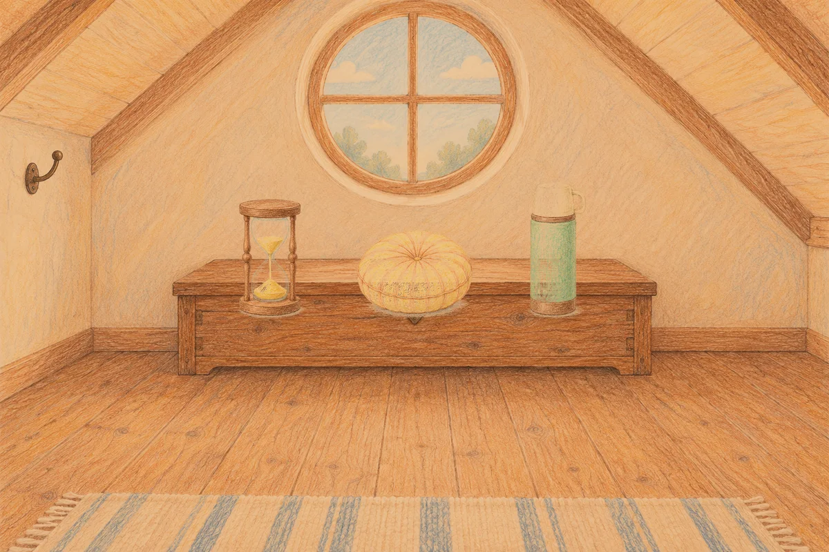 홍익동 여성전용 발 케어 안내 그림, 저녁의 다락방 나무 궤짝 위에 놓인 모래시계, 둥근 쿠션, 보온병