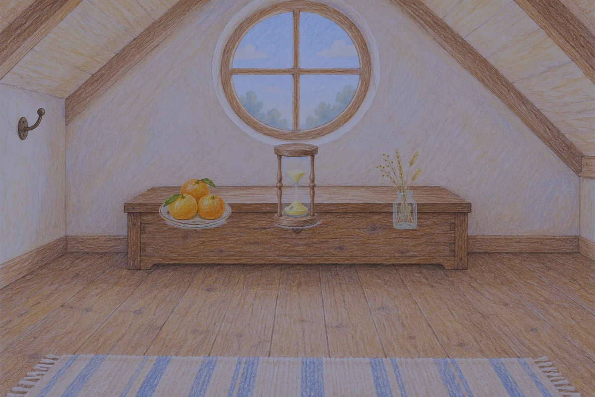 홍익동 여성전용 발관리 추천 안내 그림, 밤의 다락방 나무 궤짝 위에 놓인 귤이 담긴 접시, 모래시계, 마른 풀을 꽂은 항아리