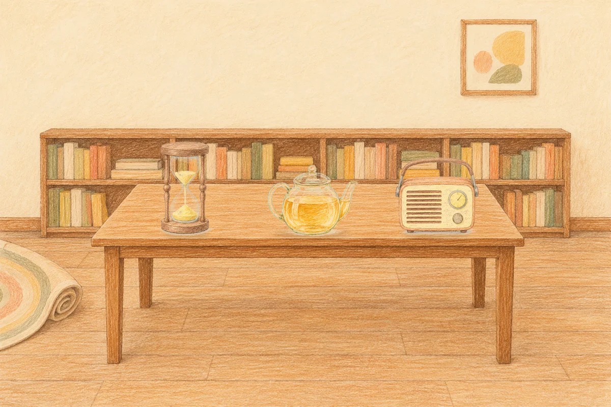 홍익동 여성전용 셀룰라이트 관리 안내 그림, 낮의 서재 긴 책상 위에 놓인 모래시계, 유리 티포트, 작은 라디오