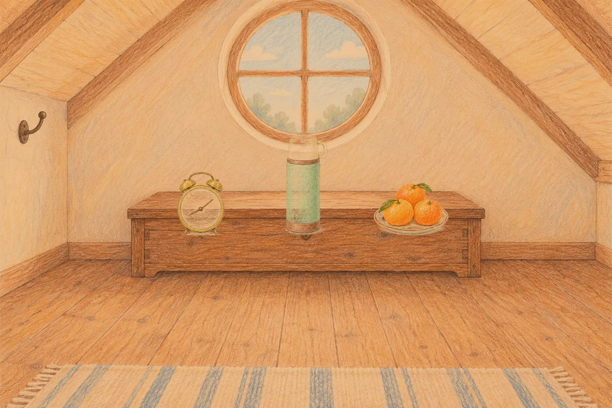 홍익동 여성전용 다이어트 마사지 안내 그림, 저녁의 다락방 나무 궤짝 위에 놓인 둥근 알람시계, 보온병, 귤이 담긴 접시