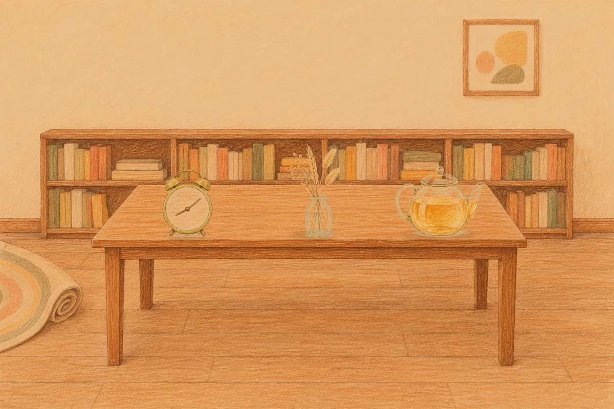 홍익동 여성전용 종아리 케어 안내 그림, 저녁의 서재 긴 책상 위에 놓인 둥근 알람시계, 마른 풀을 꽂은 항아리, 유리 티포트