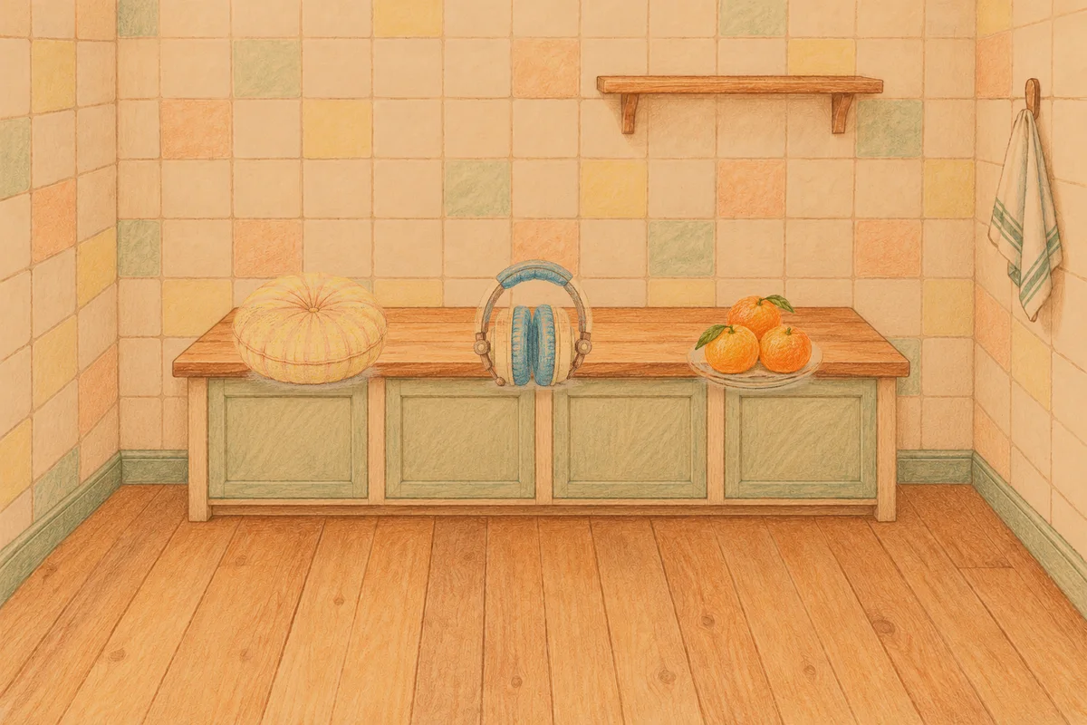 홍익동 여성전용 등 마사지 안내 그림, 저녁의 부엌 나무 조리대 위에 놓인 둥근 쿠션, 헤드폰, 귤이 담긴 접시