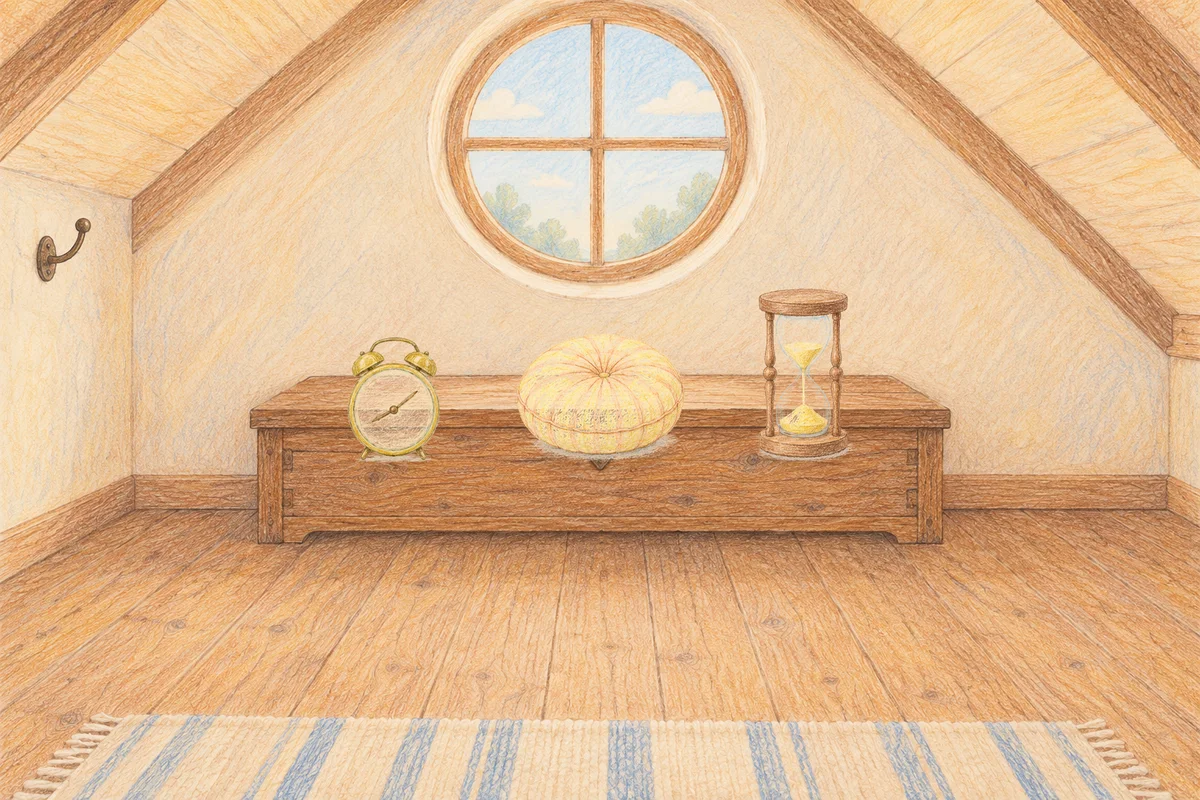 홍익동 여성전용 어깨 마사지 안내 그림, 낮의 다락방 나무 궤짝 위에 놓인 둥근 알람시계, 둥근 쿠션, 모래시계