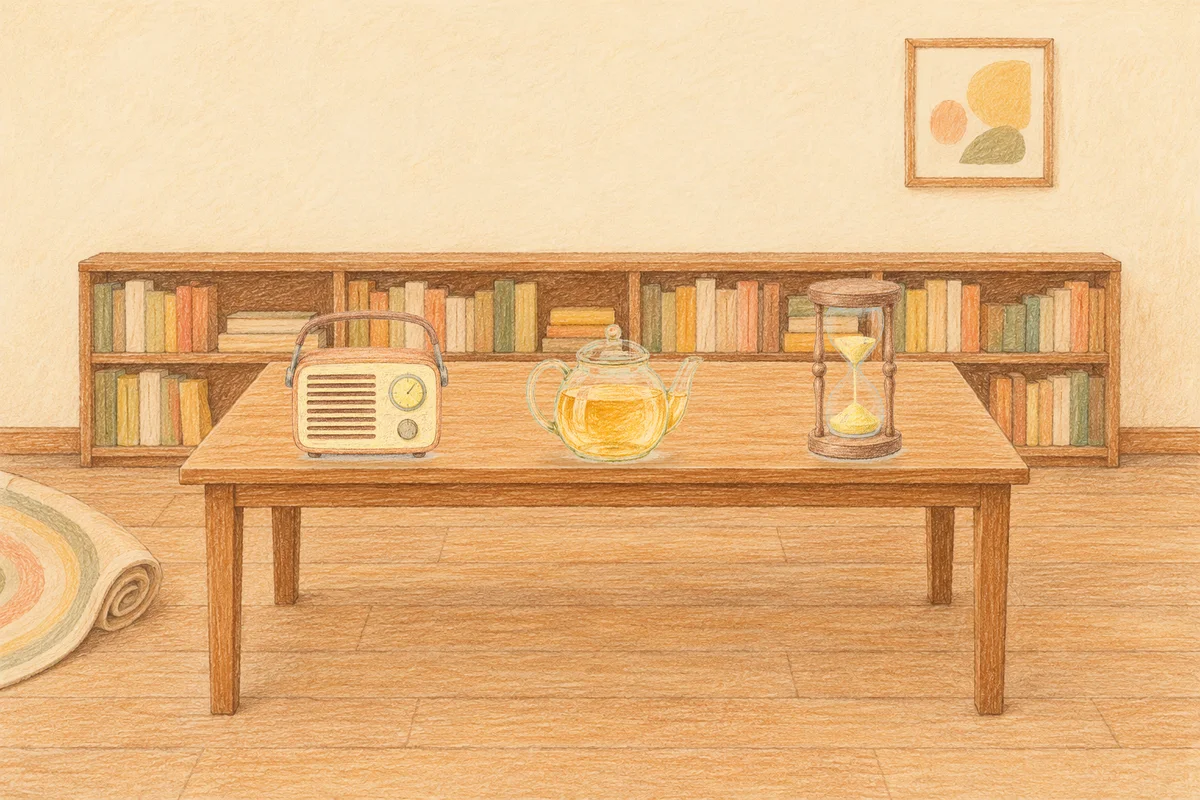 홍익동 여성전용 목 어깨 케어 안내 그림, 낮의 서재 긴 책상 위에 놓인 작은 라디오, 유리 티포트, 모래시계
