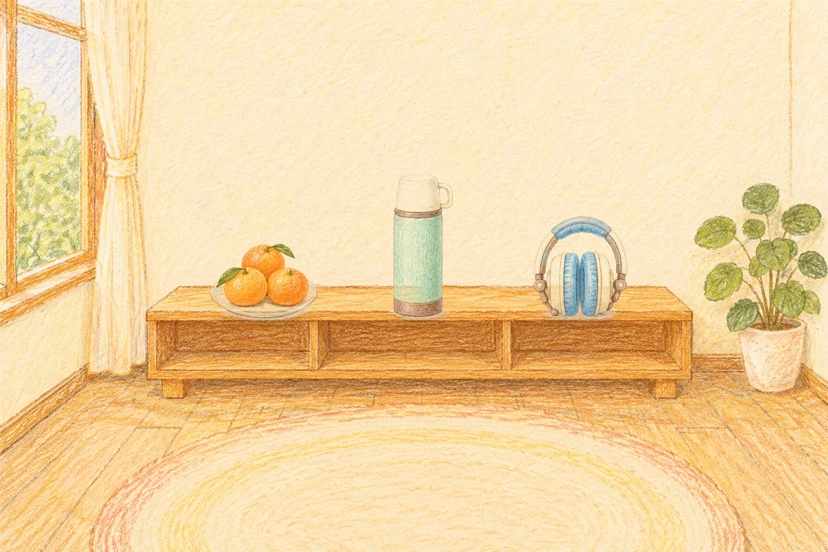 홍익동 여성전용 두통 완화 마사지 안내 그림, 낮의 창가 낮은 선반 위에 놓인 귤이 담긴 접시, 보온병, 헤드폰