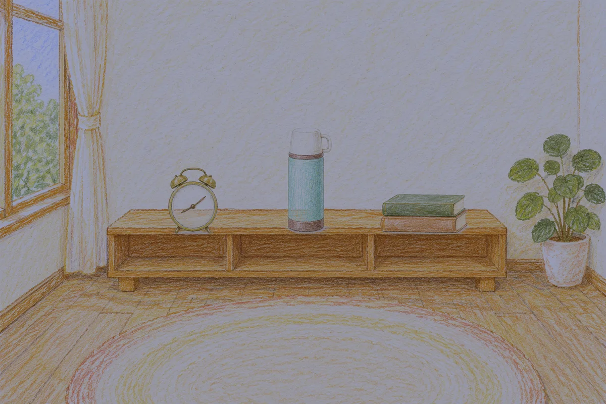 홍익동 여성전용 수면 케어 안내 그림, 밤의 창가 낮은 선반 위에 놓인 둥근 알람시계, 보온병, 책 두 권