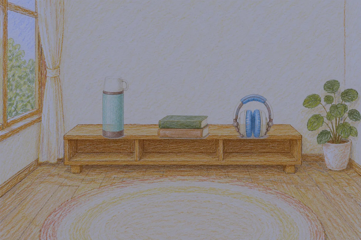 홍익동 여성전용 피로 회복 마사지 안내 그림, 밤의 창가 낮은 선반 위에 놓인 보온병, 책 두 권, 헤드폰