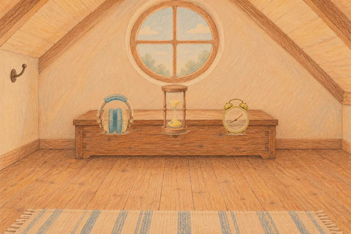 홍익동 여성전용 페이셜 마사지 안내 그림, 저녁의 다락방 나무 궤짝 위에 놓인 헤드폰, 모래시계, 둥근 알람시계