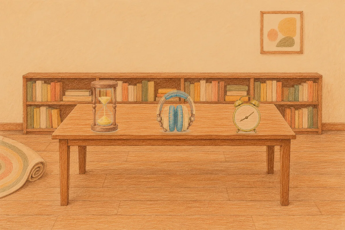 홍익동 여성전용 얼굴 마사지 안내 그림, 저녁의 서재 긴 책상 위에 놓인 모래시계, 헤드폰, 둥근 알람시계