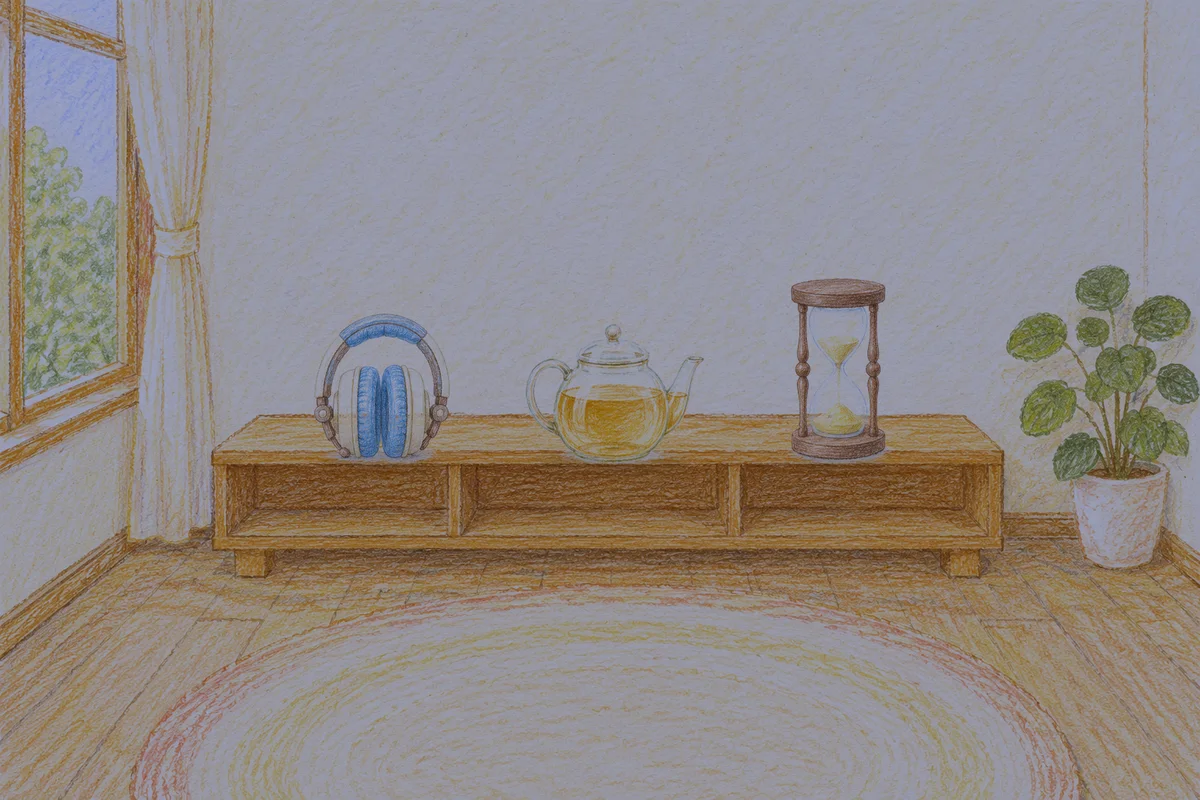 홍익동 여성전용 림프 페이셜 안내 그림, 밤의 창가 낮은 선반 위에 놓인 헤드폰, 유리 티포트, 모래시계