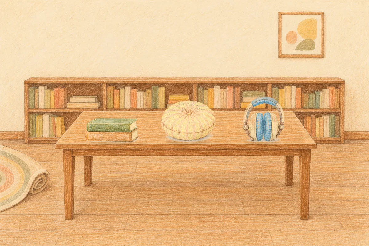 홍익동 여성전용 샵 마사지 안내 그림, 낮의 서재 긴 책상 위에 놓인 책 두 권, 둥근 쿠션, 헤드폰