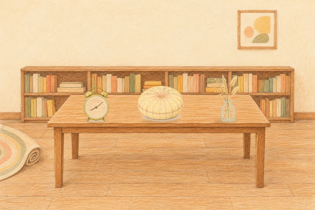 홍익동 여성전용 예약 마사지 안내 그림, 낮의 서재 긴 책상 위에 놓인 둥근 알람시계, 둥근 쿠션, 마른 풀을 꽂은 항아리
