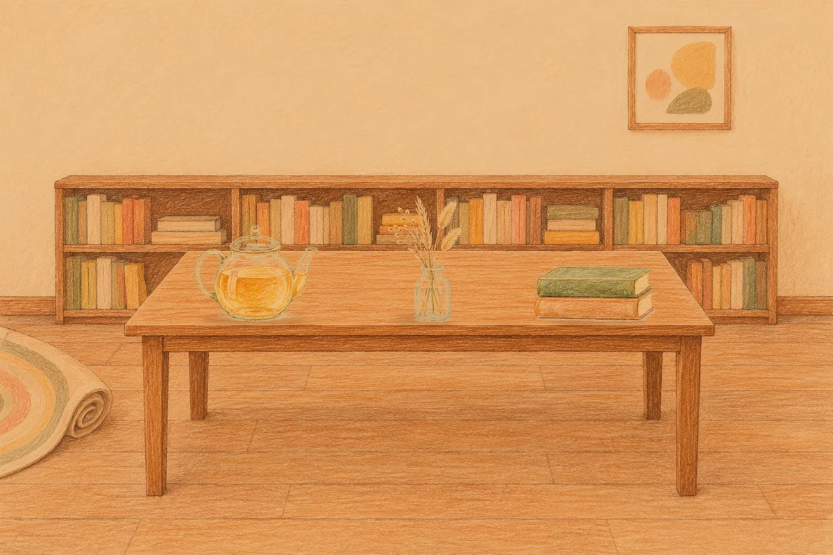 홍익동 여성전용 후기 마사지 안내 그림, 저녁의 서재 긴 책상 위에 놓인 유리 티포트, 마른 풀을 꽂은 항아리, 책 두 권