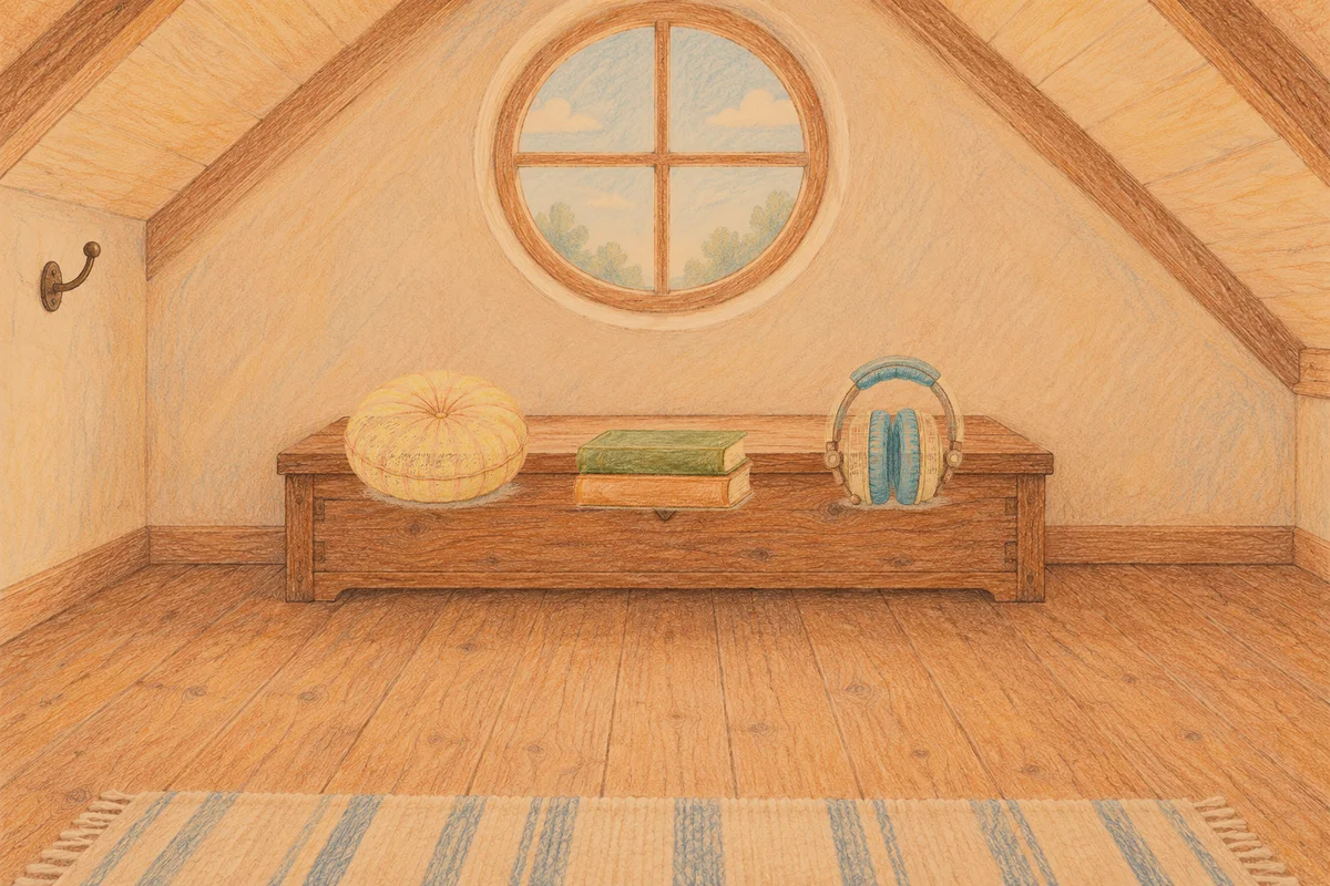 홍익동 여성전용 추천 마사지 안내 그림, 저녁의 다락방 나무 궤짝 위에 놓인 둥근 쿠션, 책 두 권, 헤드폰