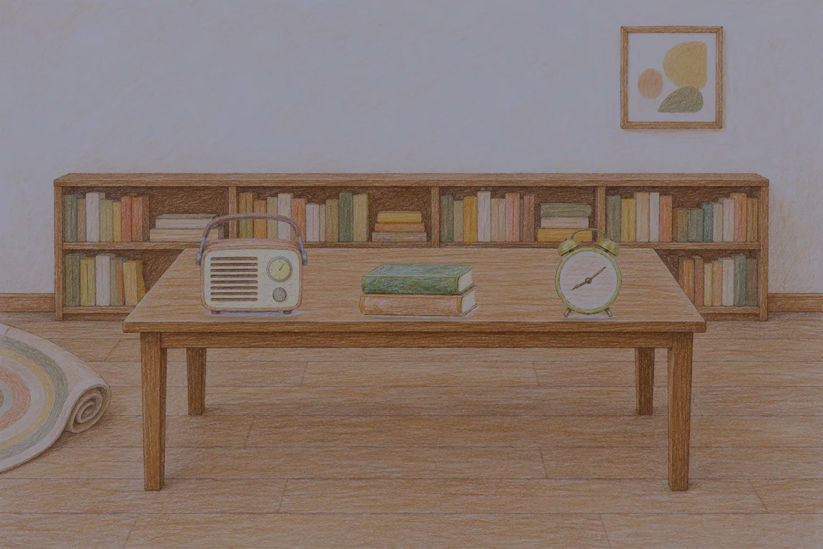 덕소 여성전용 스웨디시 후기 안내 그림, 밤의 서재 긴 책상 위에 놓인 작은 라디오, 책 두 권, 둥근 알람시계