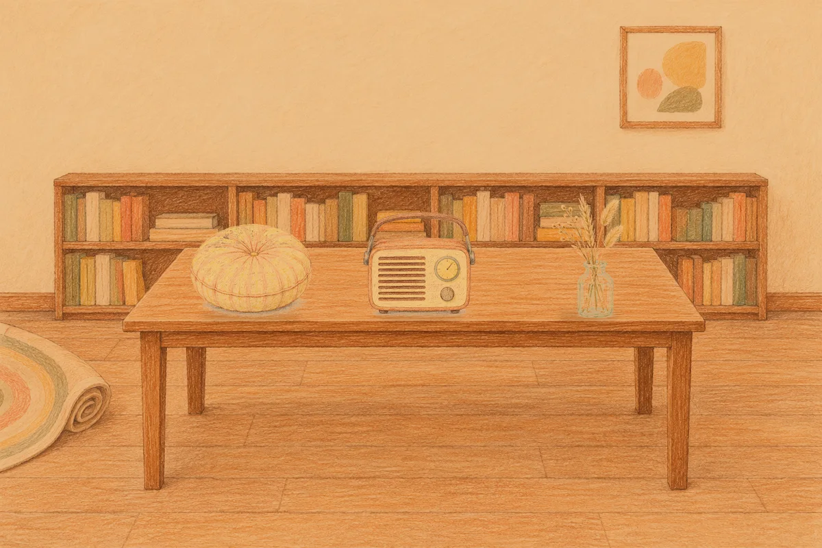 덕소 여성전용 아로마 가격 안내 그림, 저녁의 서재 긴 책상 위에 놓인 둥근 쿠션, 작은 라디오, 마른 풀을 꽂은 항아리