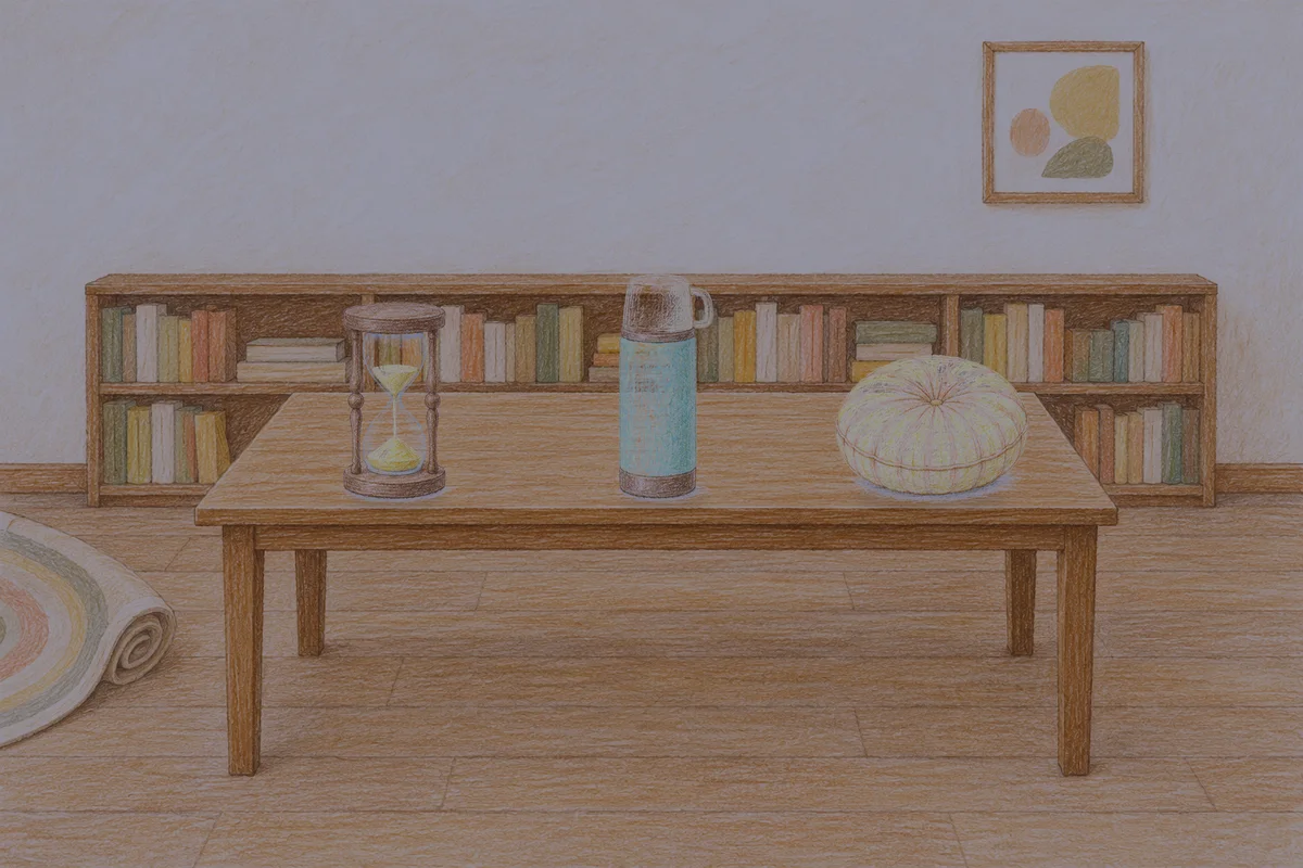 덕소 여성전용 경락마사지 안내 그림, 밤의 서재 긴 책상 위에 놓인 모래시계, 보온병, 둥근 쿠션