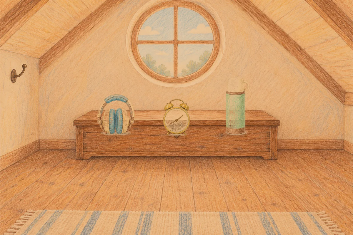 덕소 여성전용 경락 가격 안내 그림, 저녁의 다락방 나무 궤짝 위에 놓인 헤드폰, 둥근 알람시계, 보온병