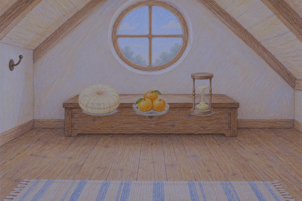덕소 여성전용 홈케어 안내 그림, 밤의 다락방 나무 궤짝 위에 놓인 둥근 쿠션, 귤이 담긴 접시, 모래시계