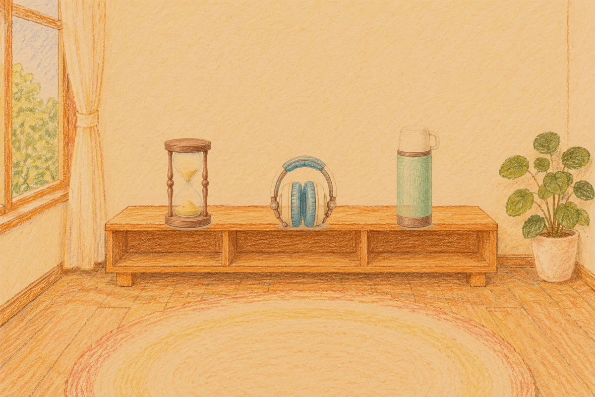 덕소 여성전용 방문 홈케어 안내 그림, 저녁의 창가 낮은 선반 위에 놓인 모래시계, 헤드폰, 보온병