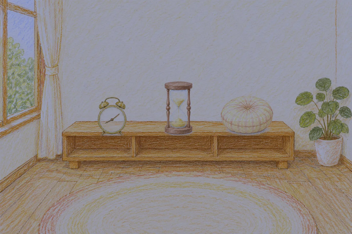 덕소 여성전용 홈케어 후기 안내 그림, 밤의 창가 낮은 선반 위에 놓인 둥근 알람시계, 모래시계, 둥근 쿠션