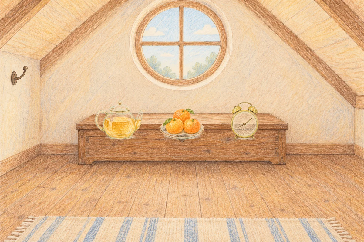 덕소 여성전용 발관리 안내 그림, 낮의 다락방 나무 궤짝 위에 놓인 유리 티포트, 귤이 담긴 접시, 둥근 알람시계