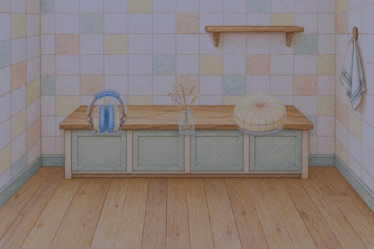 덕소 여성전용 발 부종 케어 안내 그림, 밤의 부엌 나무 조리대 위에 놓인 헤드폰, 마른 풀을 꽂은 항아리, 둥근 쿠션