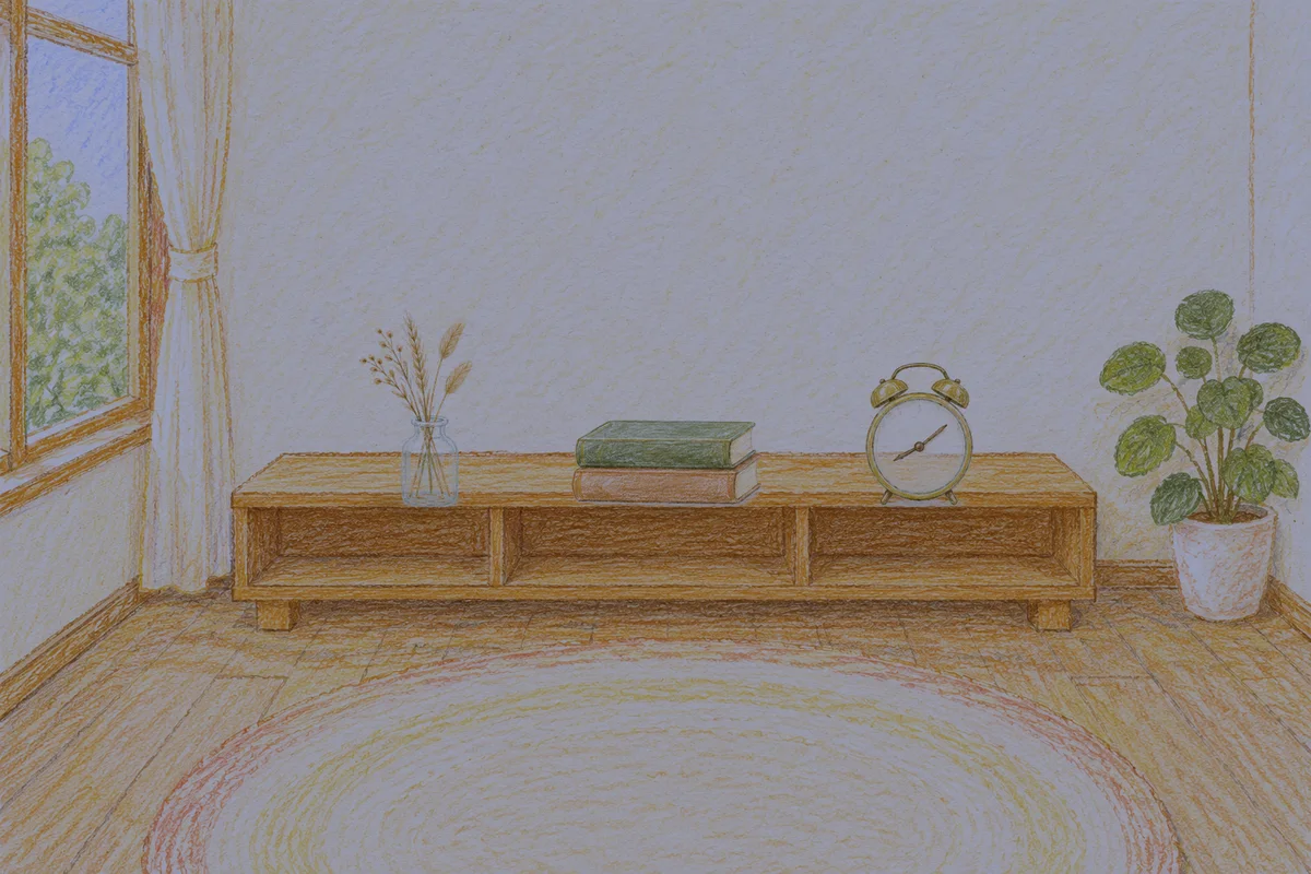 덕소 여성전용 발관리 후기 안내 그림, 밤의 창가 낮은 선반 위에 놓인 마른 풀을 꽂은 항아리, 책 두 권, 둥근 알람시계