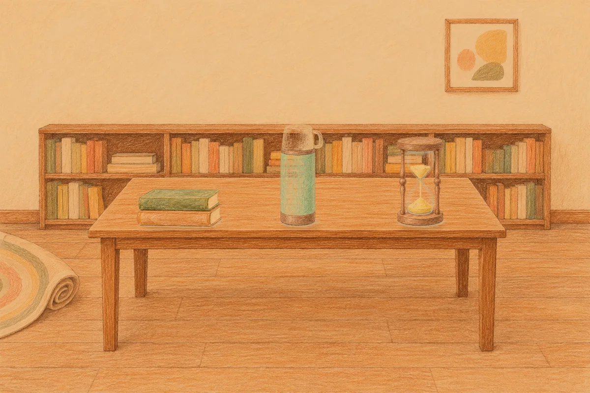 덕소 여성전용 발관리 추천 안내 그림, 저녁의 서재 긴 책상 위에 놓인 책 두 권, 보온병, 모래시계
