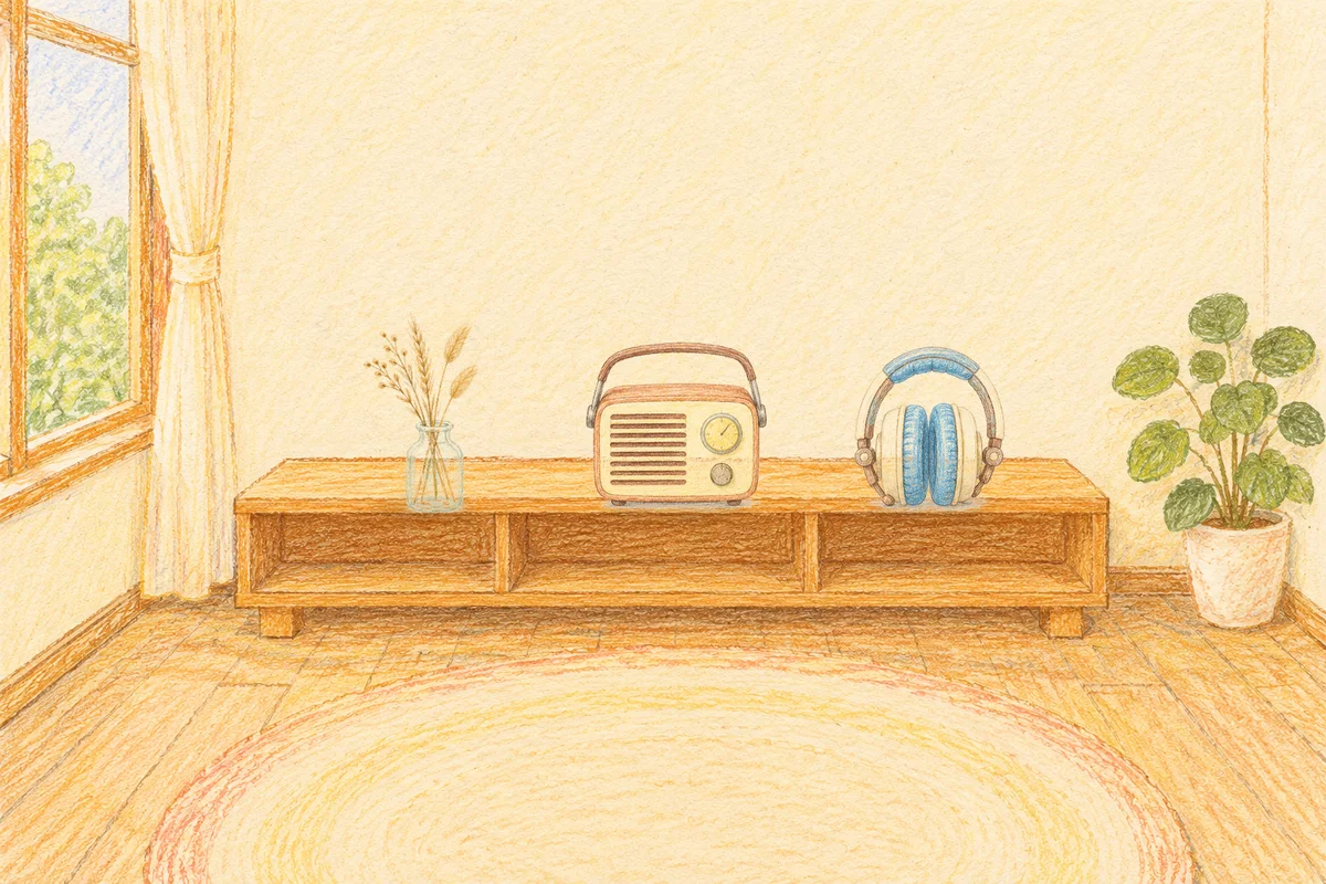 덕소 여성전용 림프 마사지 안내 그림, 낮의 창가 낮은 선반 위에 놓인 마른 풀을 꽂은 항아리, 작은 라디오, 헤드폰