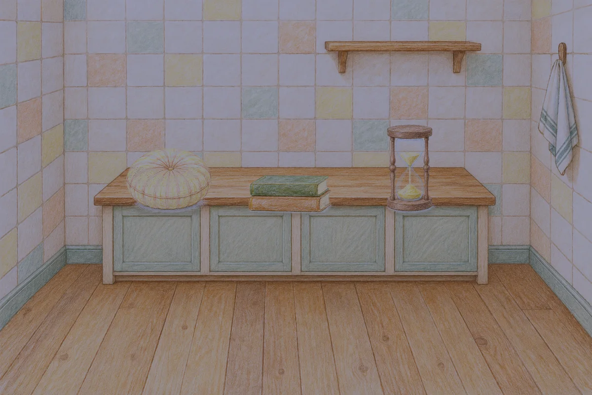 덕소 여성전용 셀룰라이트 관리 안내 그림, 밤의 부엌 나무 조리대 위에 놓인 둥근 쿠션, 책 두 권, 모래시계