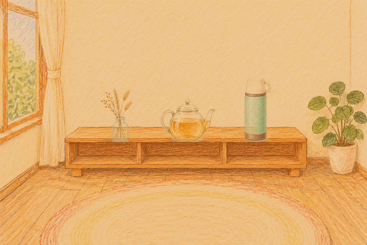 덕소 여성전용 바디 케어 안내 그림, 저녁의 창가 낮은 선반 위에 놓인 마른 풀을 꽂은 항아리, 유리 티포트, 보온병