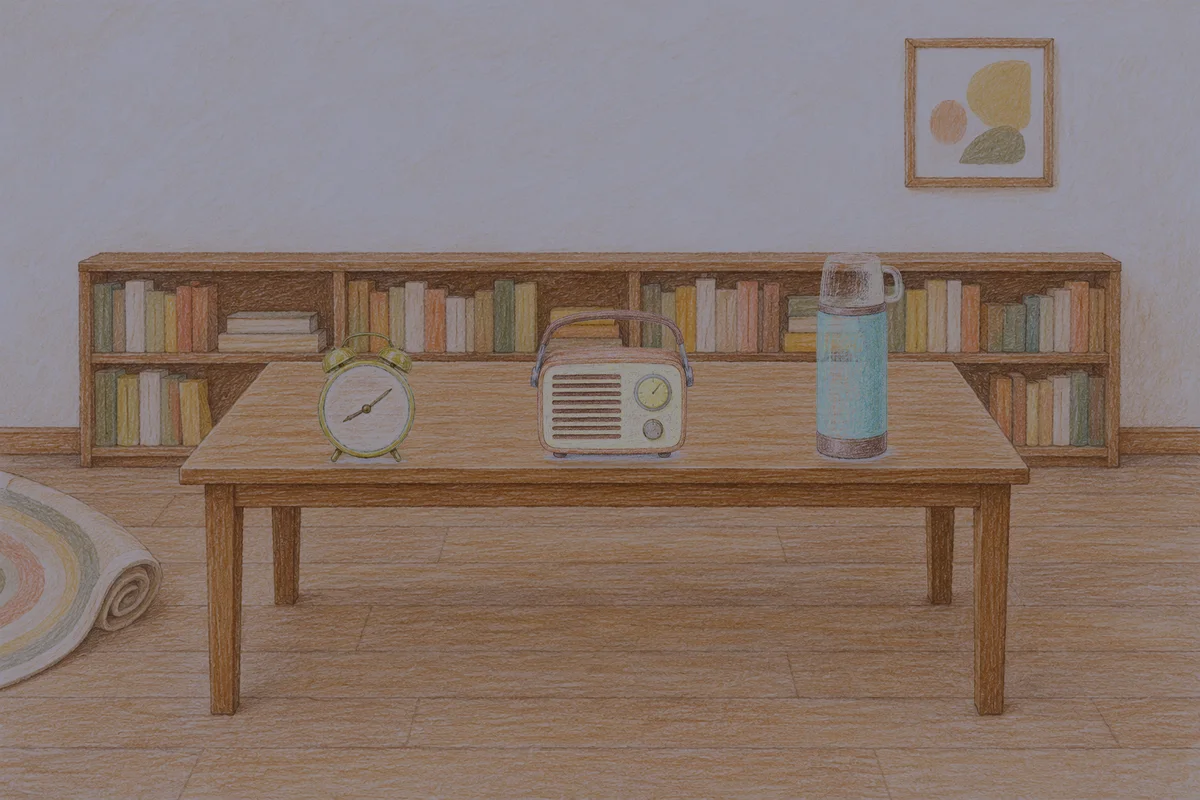 덕소 여성전용 슬리밍 마사지 안내 그림, 밤의 서재 긴 책상 위에 놓인 둥근 알람시계, 작은 라디오, 보온병