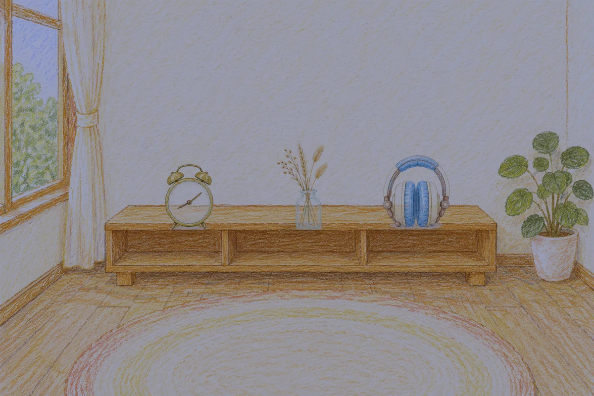 덕소 여성전용 다이어트 마사지 안내 그림, 밤의 창가 낮은 선반 위에 놓인 둥근 알람시계, 마른 풀을 꽂은 항아리, 헤드폰
