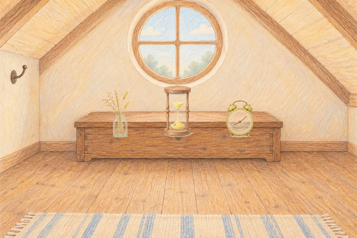 덕소 여성전용 종아리 케어 안내 그림, 낮의 다락방 나무 궤짝 위에 놓인 마른 풀을 꽂은 항아리, 모래시계, 둥근 알람시계