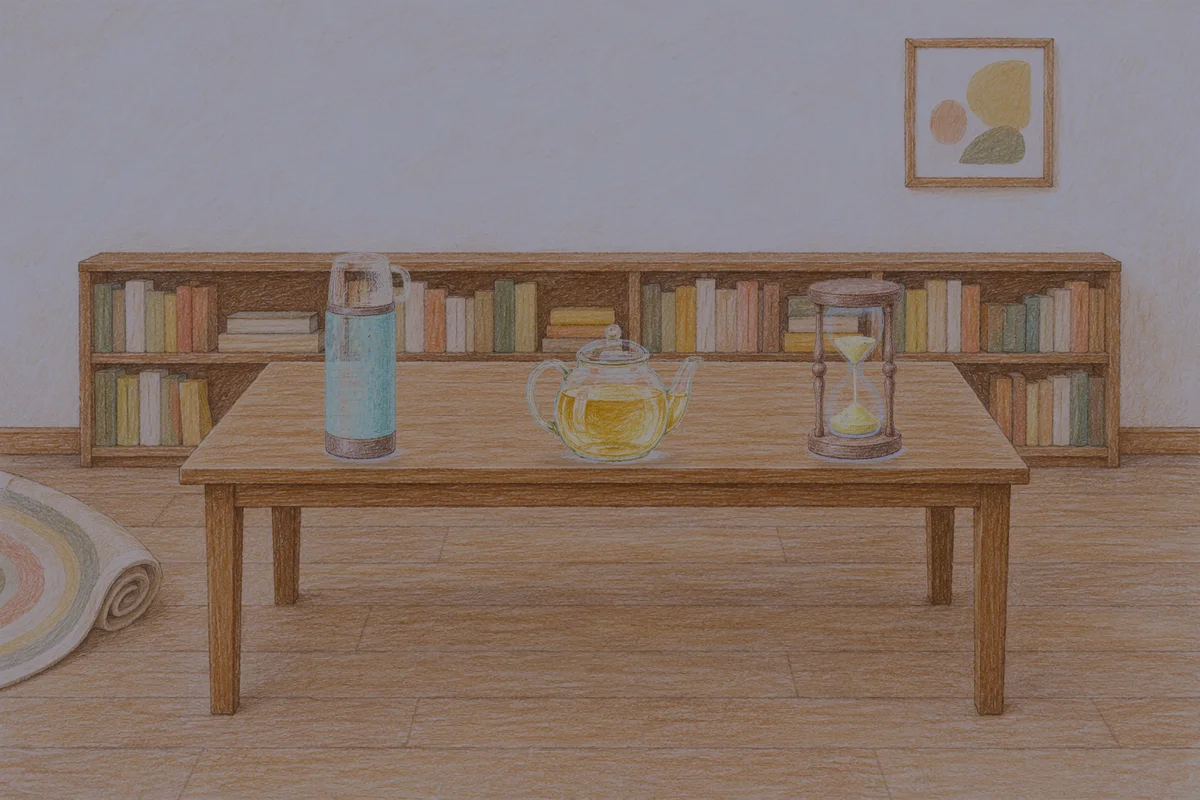 덕소 여성전용 어깨 마사지 안내 그림, 밤의 서재 긴 책상 위에 놓인 보온병, 유리 티포트, 모래시계