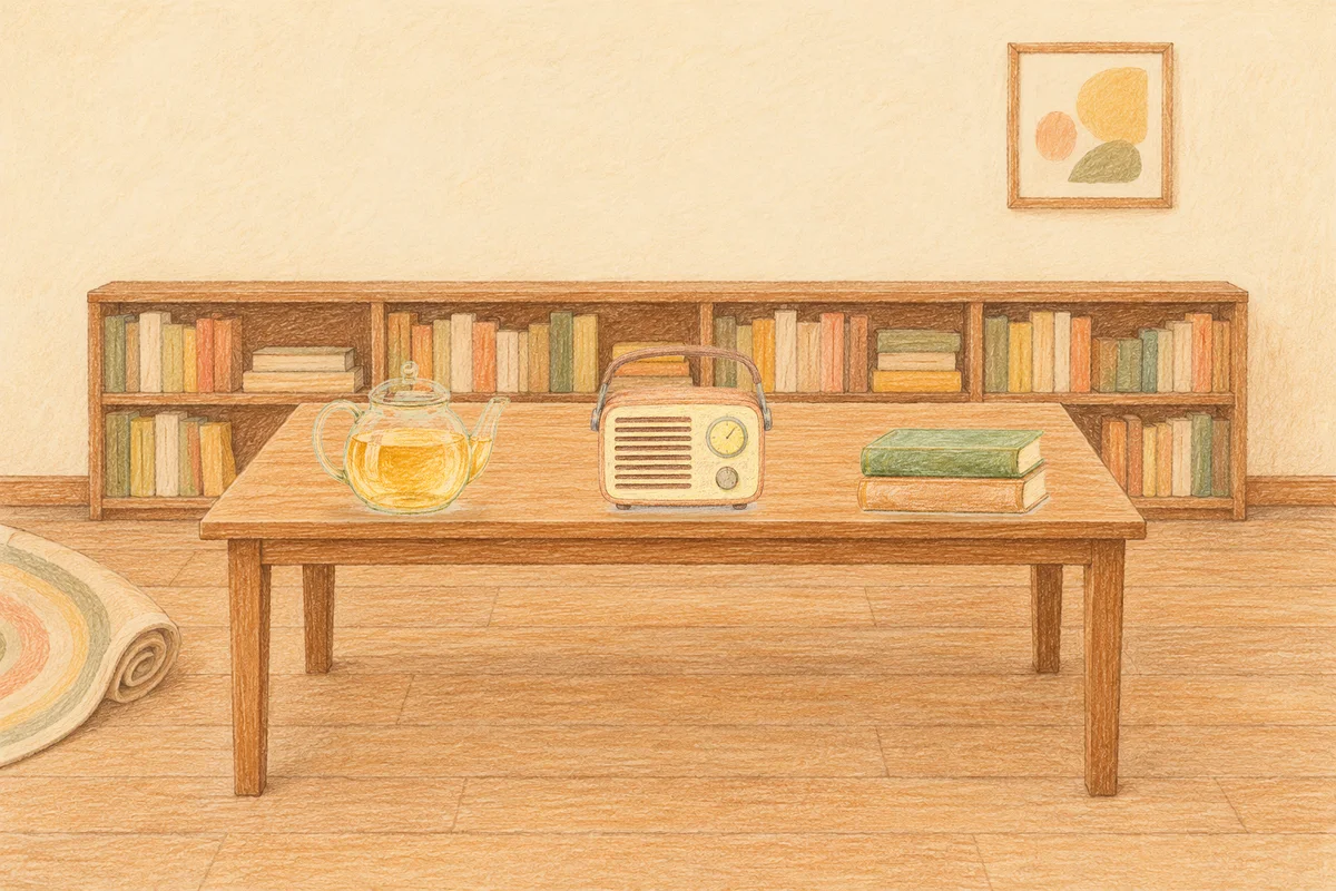 덕소 여성전용 스트레스 케어 안내 그림, 낮의 서재 긴 책상 위에 놓인 유리 티포트, 작은 라디오, 책 두 권