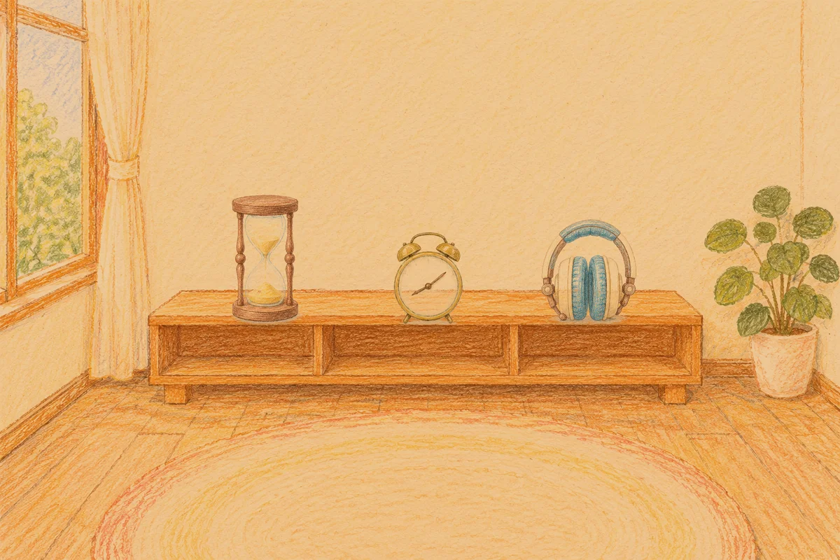 덕소 여성전용 림프 페이셜 안내 그림, 저녁의 창가 낮은 선반 위에 놓인 모래시계, 둥근 알람시계, 헤드폰
