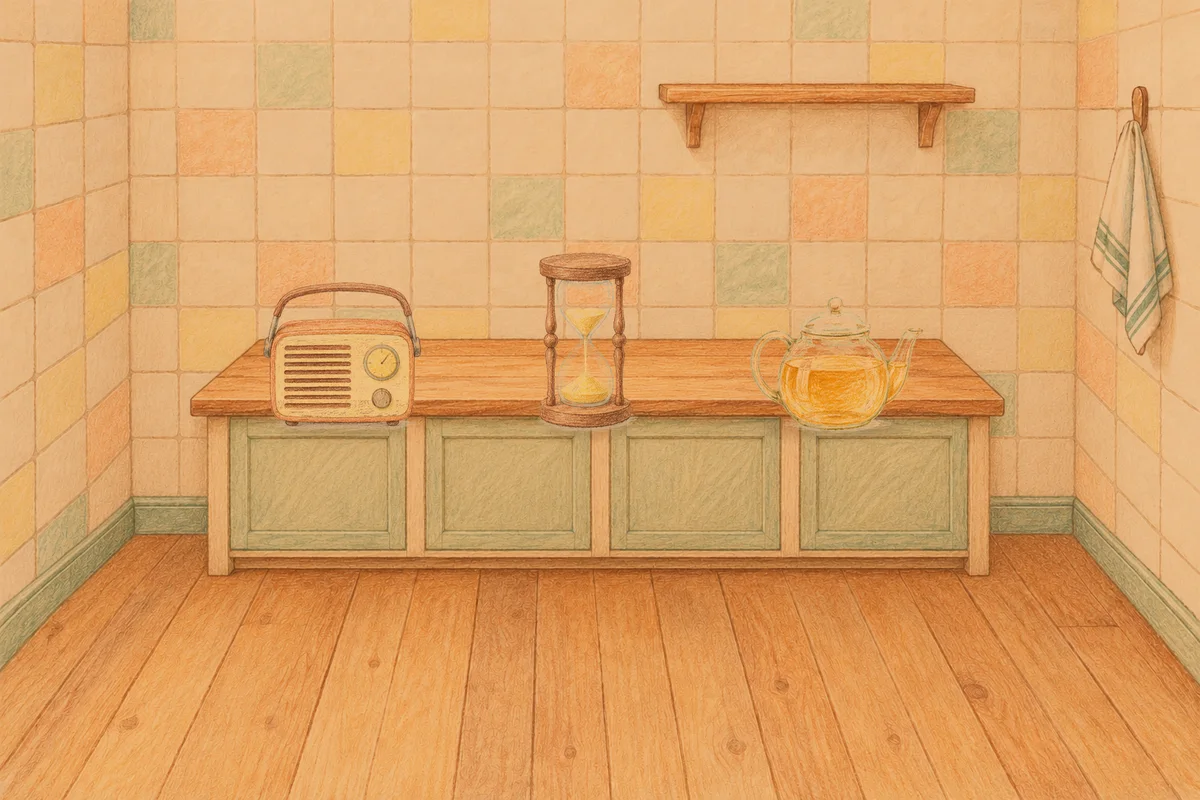 덕소 여성전용 가격 마사지 안내 그림, 저녁의 부엌 나무 조리대 위에 놓인 작은 라디오, 모래시계, 유리 티포트