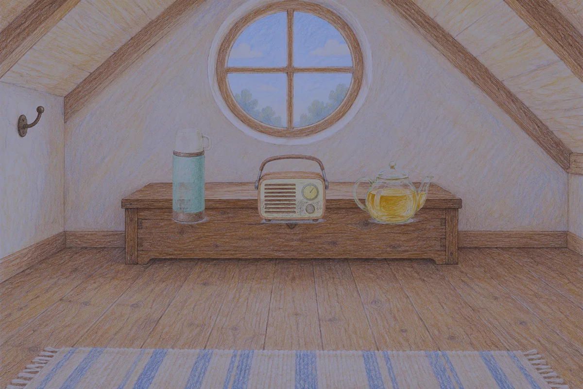 수지 여성전용 아로마 마사지 안내 그림, 밤의 다락방 나무 궤짝 위에 놓인 보온병, 작은 라디오, 유리 티포트